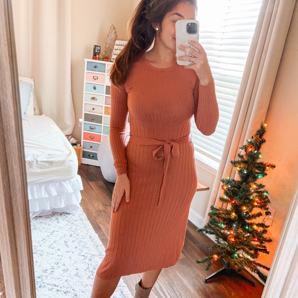 tea n rose Dresses & Skirts - (btq) rust red ribbed long sleeve bodycon tie waist knit midi dress women’s sz M